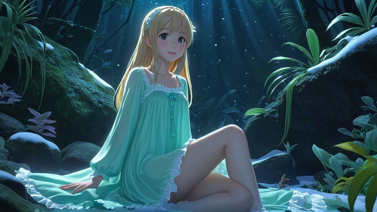 Young girl in green dress in a sunlit forest