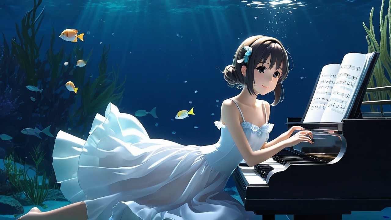 Underwater Piano Scene with Graceful Figure and Fish