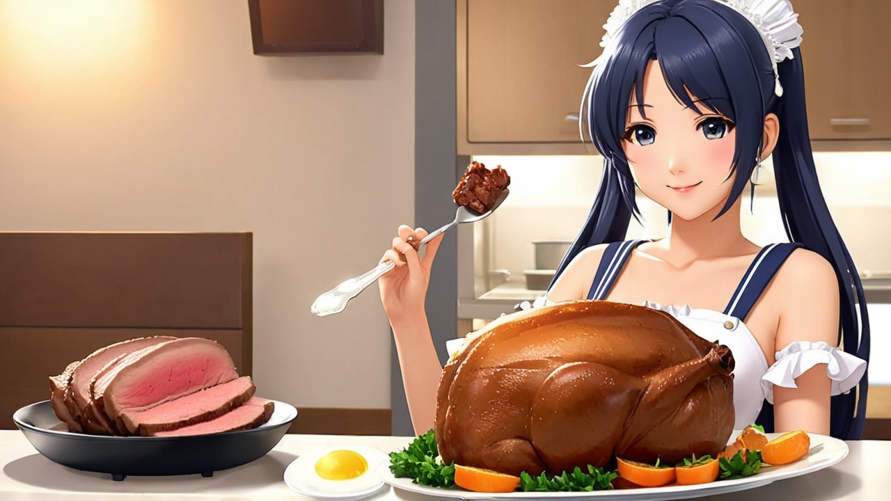 Cheerful Young Woman in Maid Outfit at Dining Table