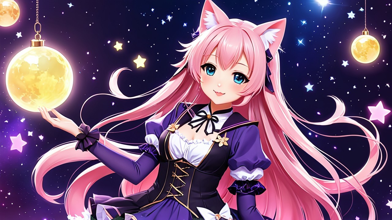 Anime Character with Pink Hair and Cat Ears in Night Sky
