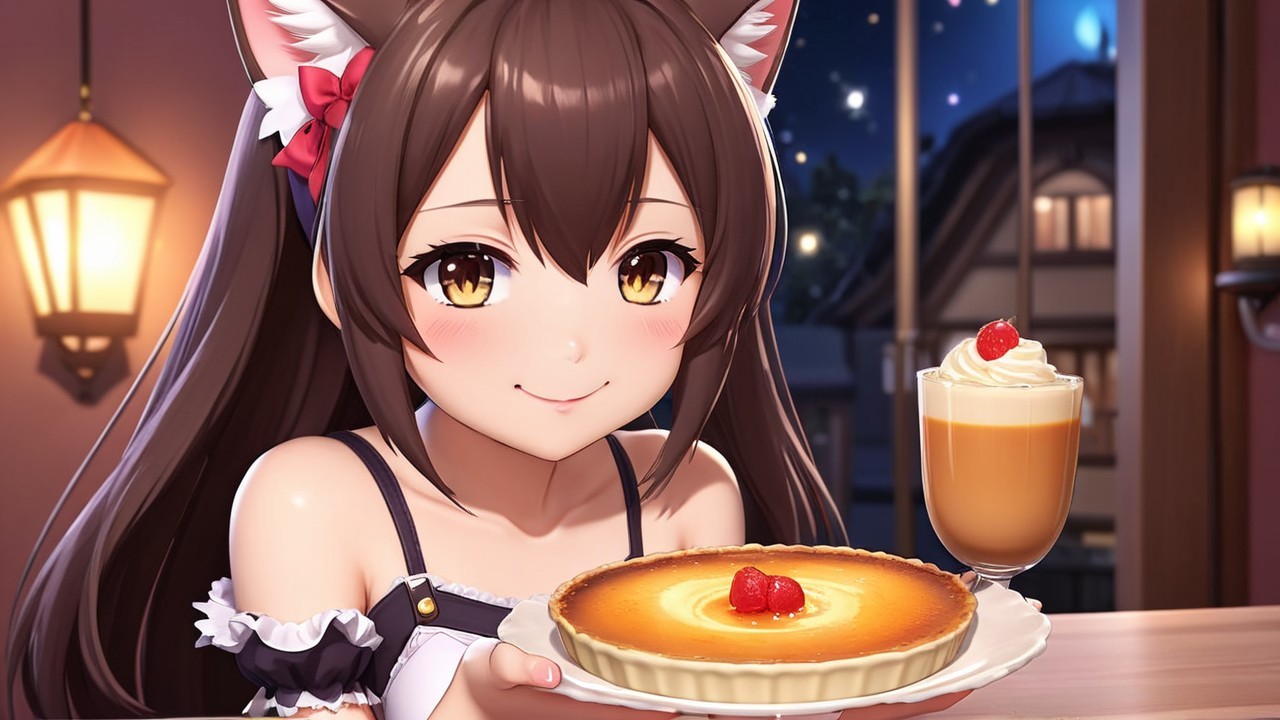 Cheerful anime character with cheesecake and coffee