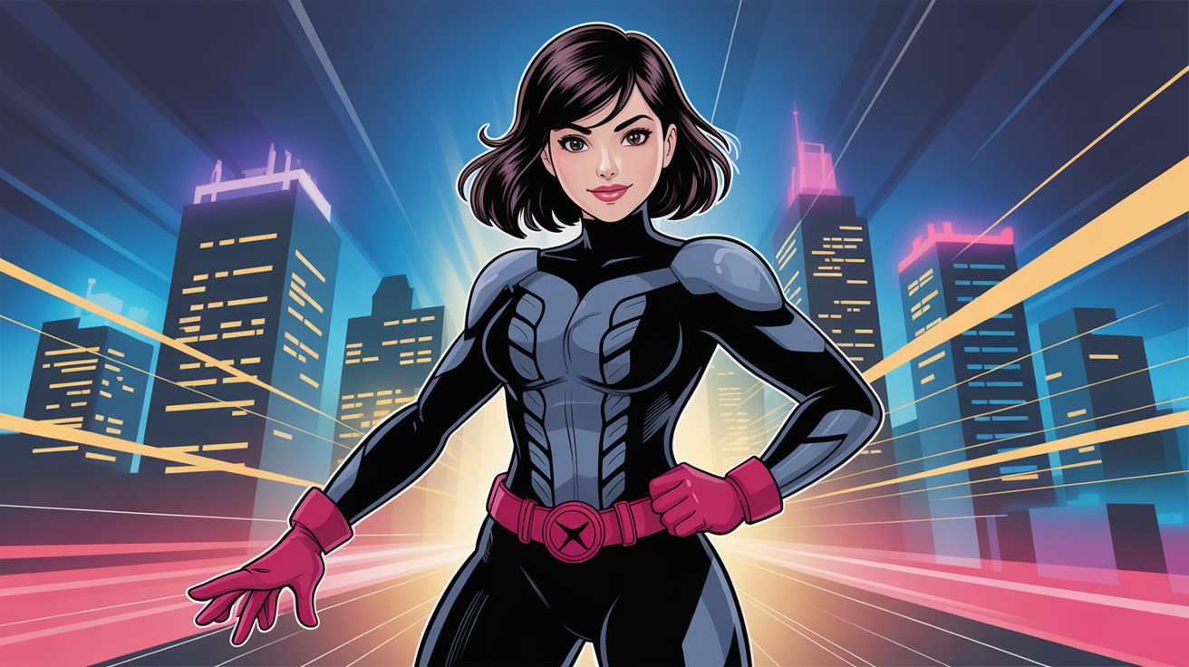 Confident Superheroine in Black Jumpsuit with Cityscape