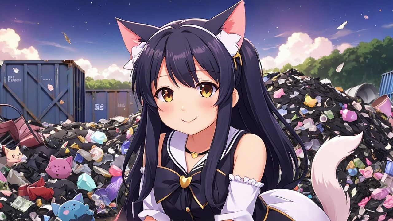 Character with Cat Ears in a Colorful Trash Scene