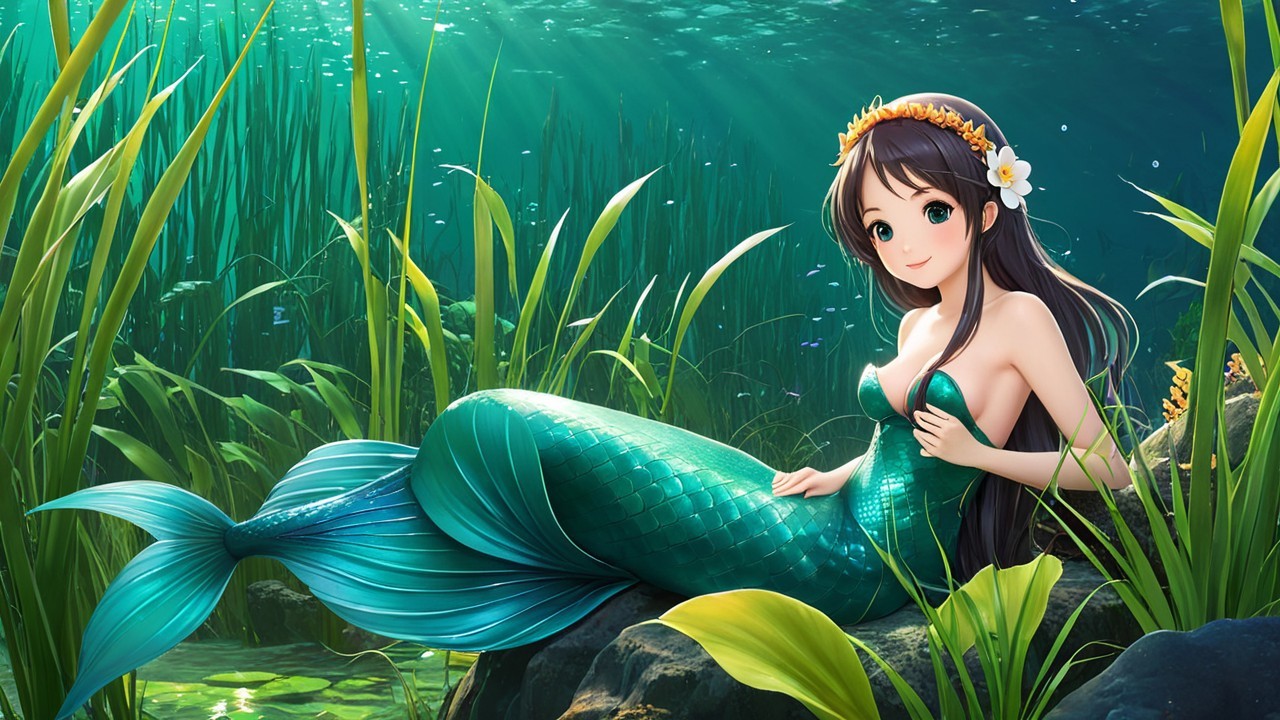 Underwater Scene with a Serene Mermaid and Aquatic Plants