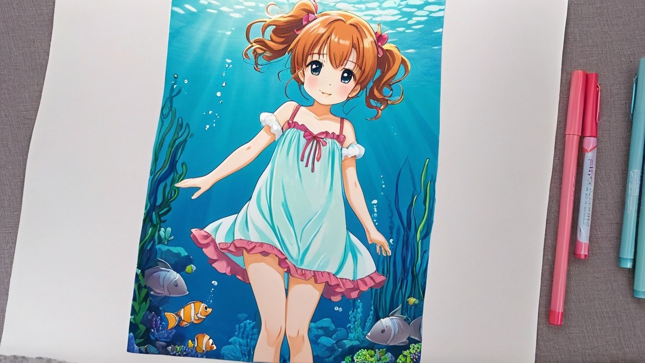 Cheerful Anime Girl Underwater with Colorful Fish