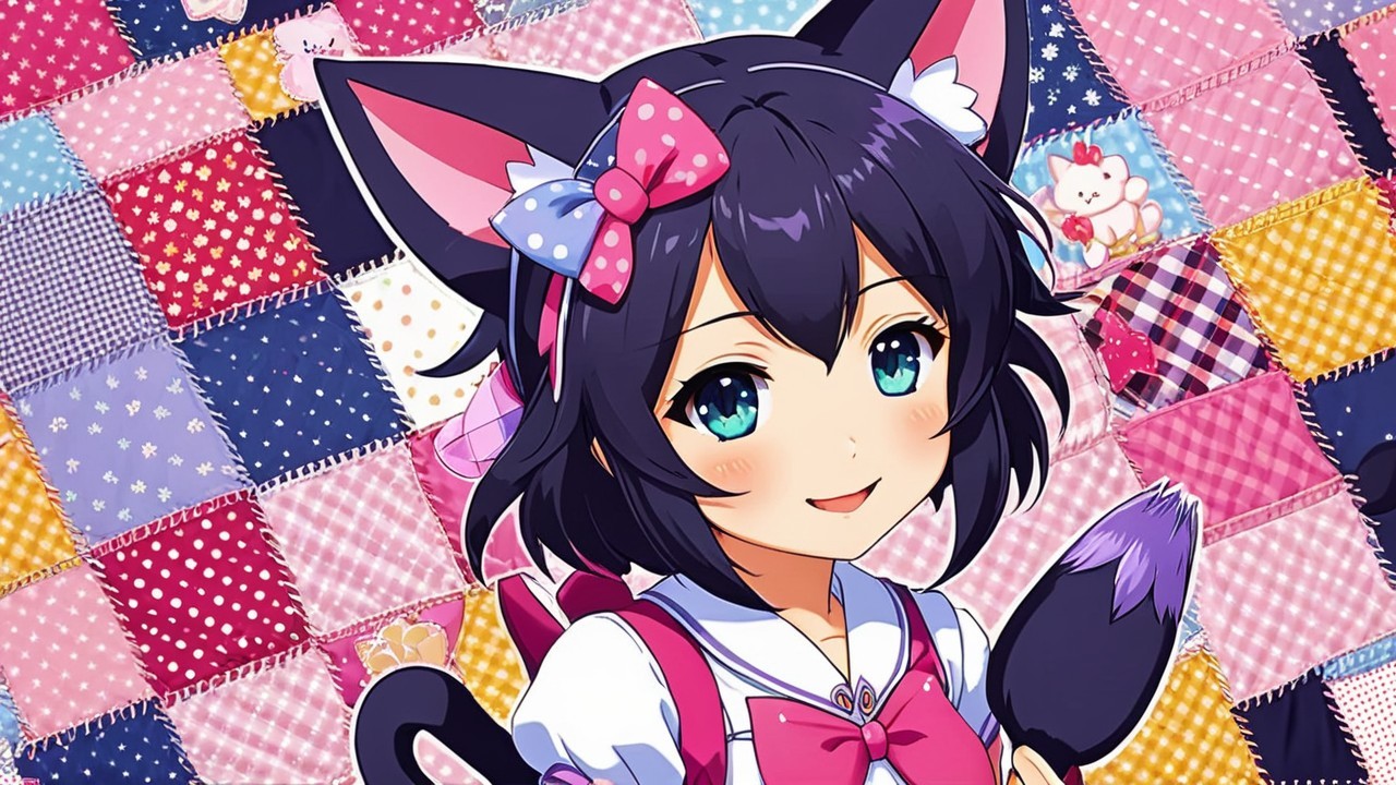Cheerful Anime Character with Cat Ears and Bow