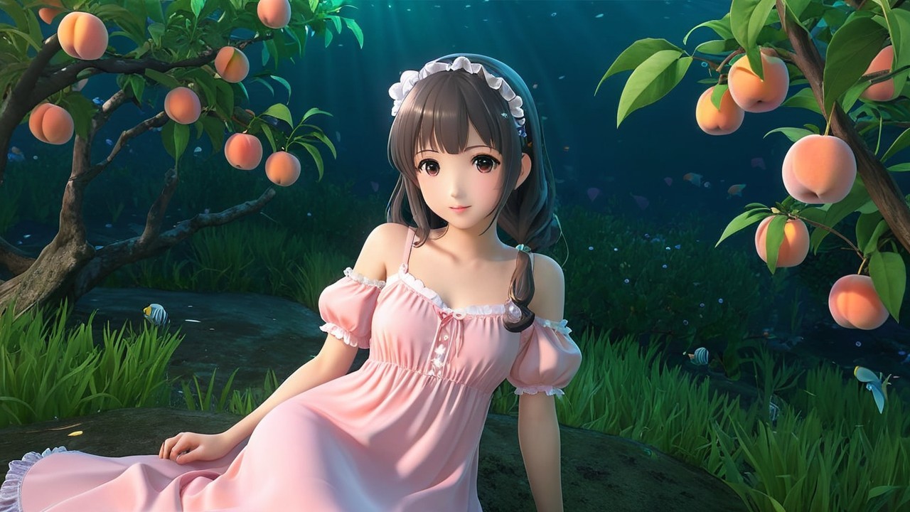Young woman in pink dress among peach trees