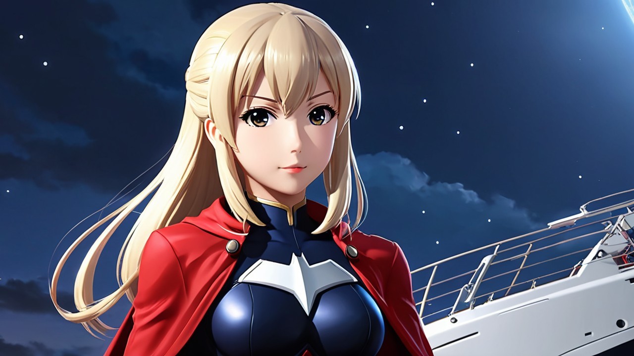 Blonde Superhero in Red Cape Against Night Sky