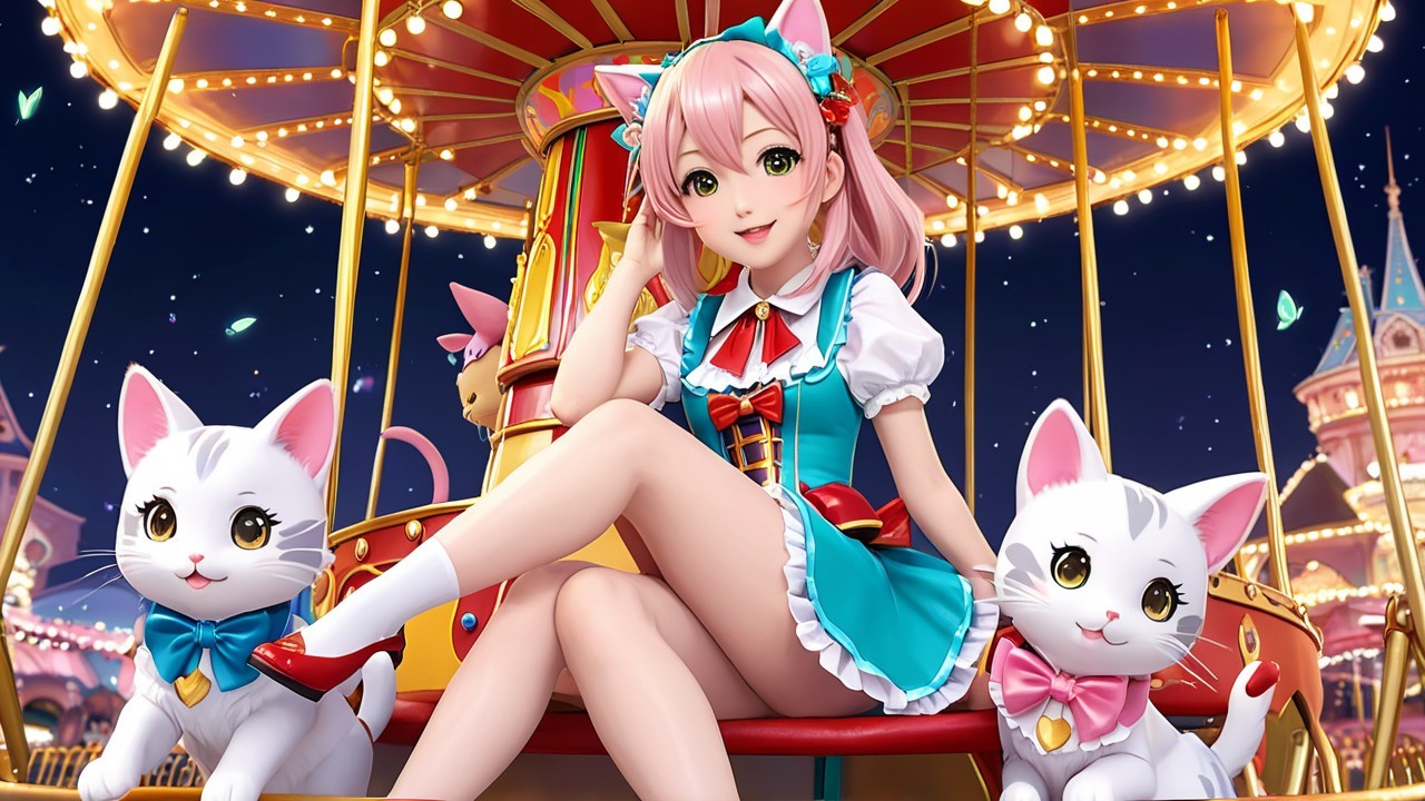 Cheerful Young Woman on Colorful Carousel with Kittens