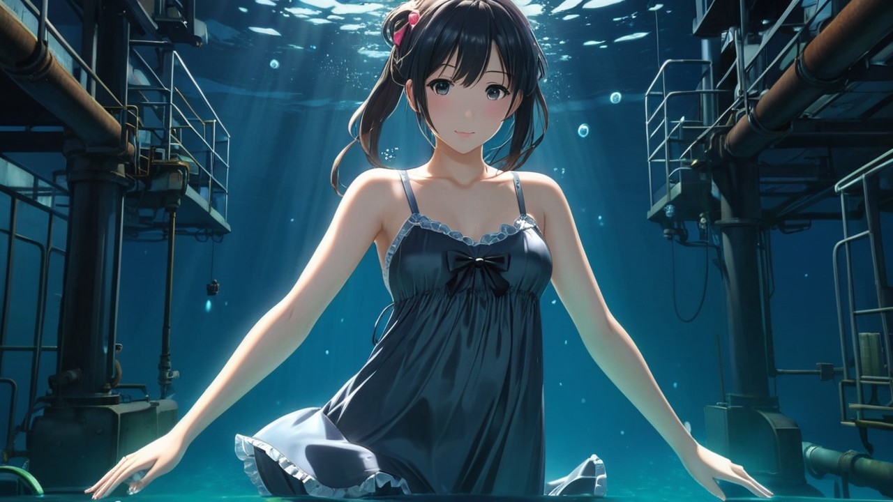 Underwater Scene with Woman in Dark Dress and Light