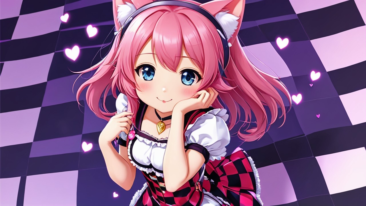 Anime character with pink hair and cat ears in dress