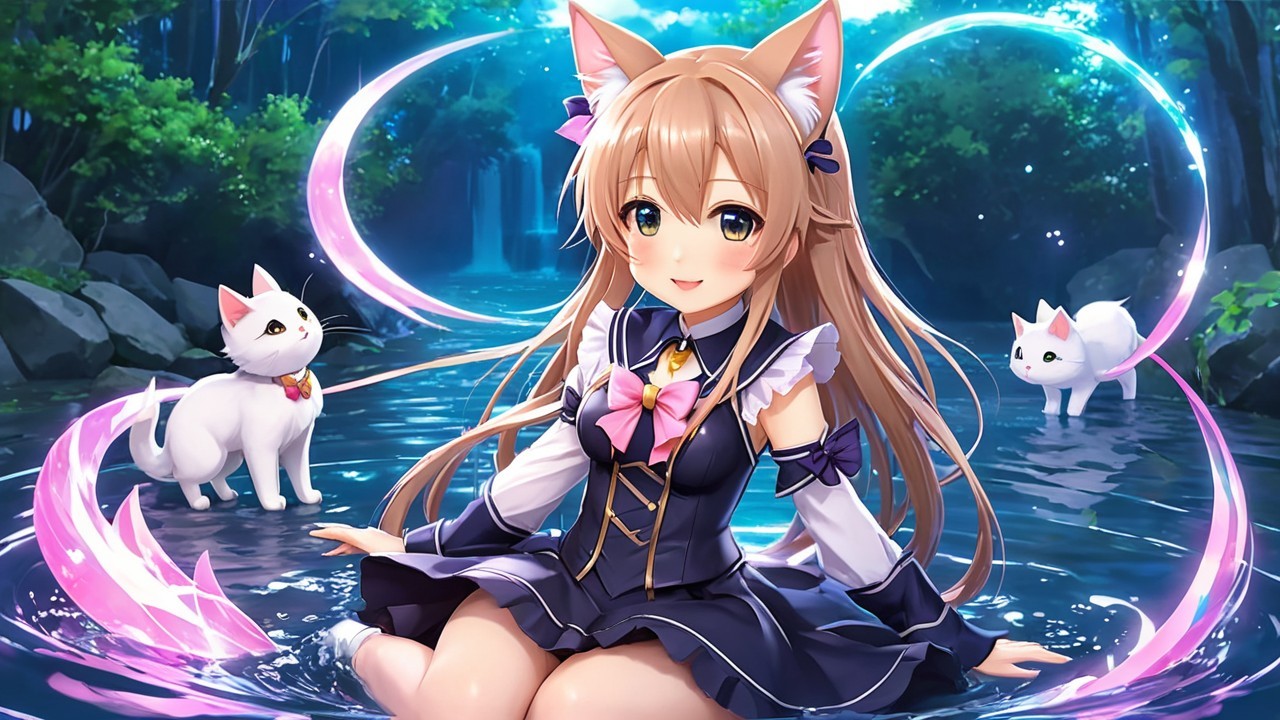 Whimsical Scene of Girl with Cat Ears by River