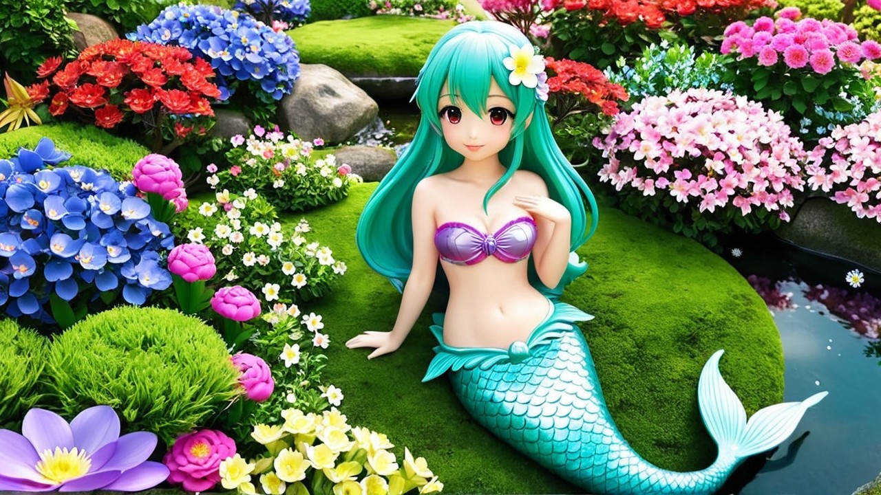 Mermaid in a Colorful Garden with Tranquil Pond
