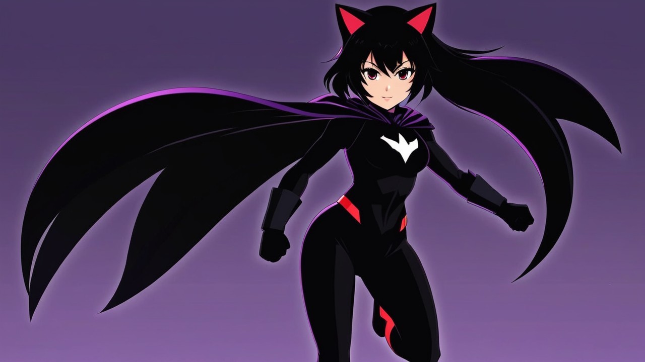 Anime Character in Black Costume with Cape and Ears