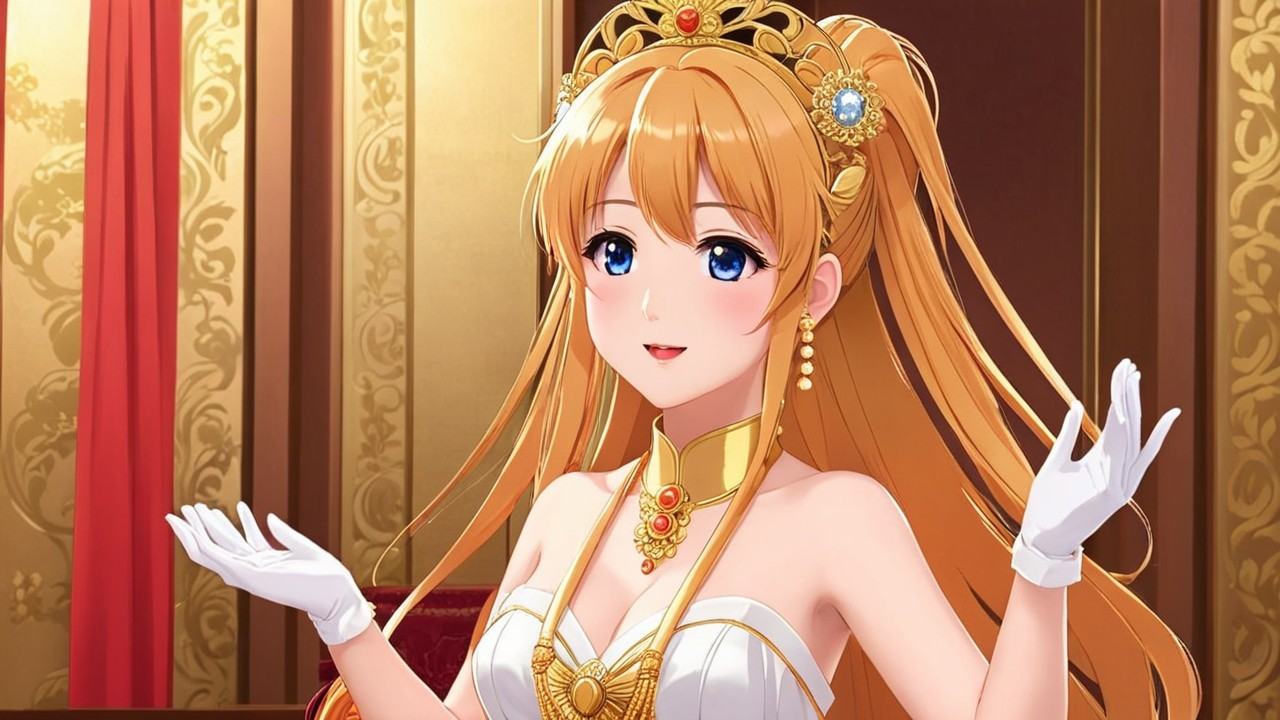 Elegant Anime Character in White Gown with Gold Accents