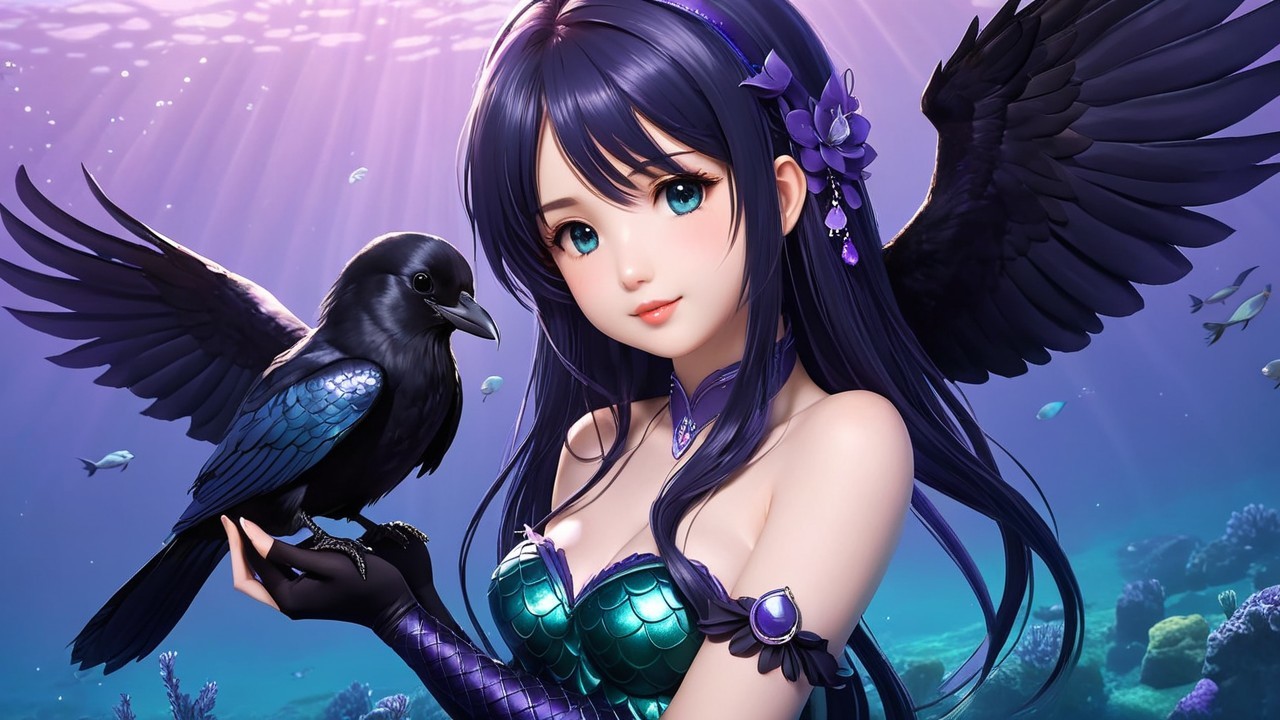 Mystical Underwater Scene with Mermaid and Crow