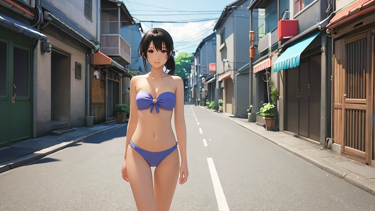Young Woman in Purple Bikini on Sunny Street