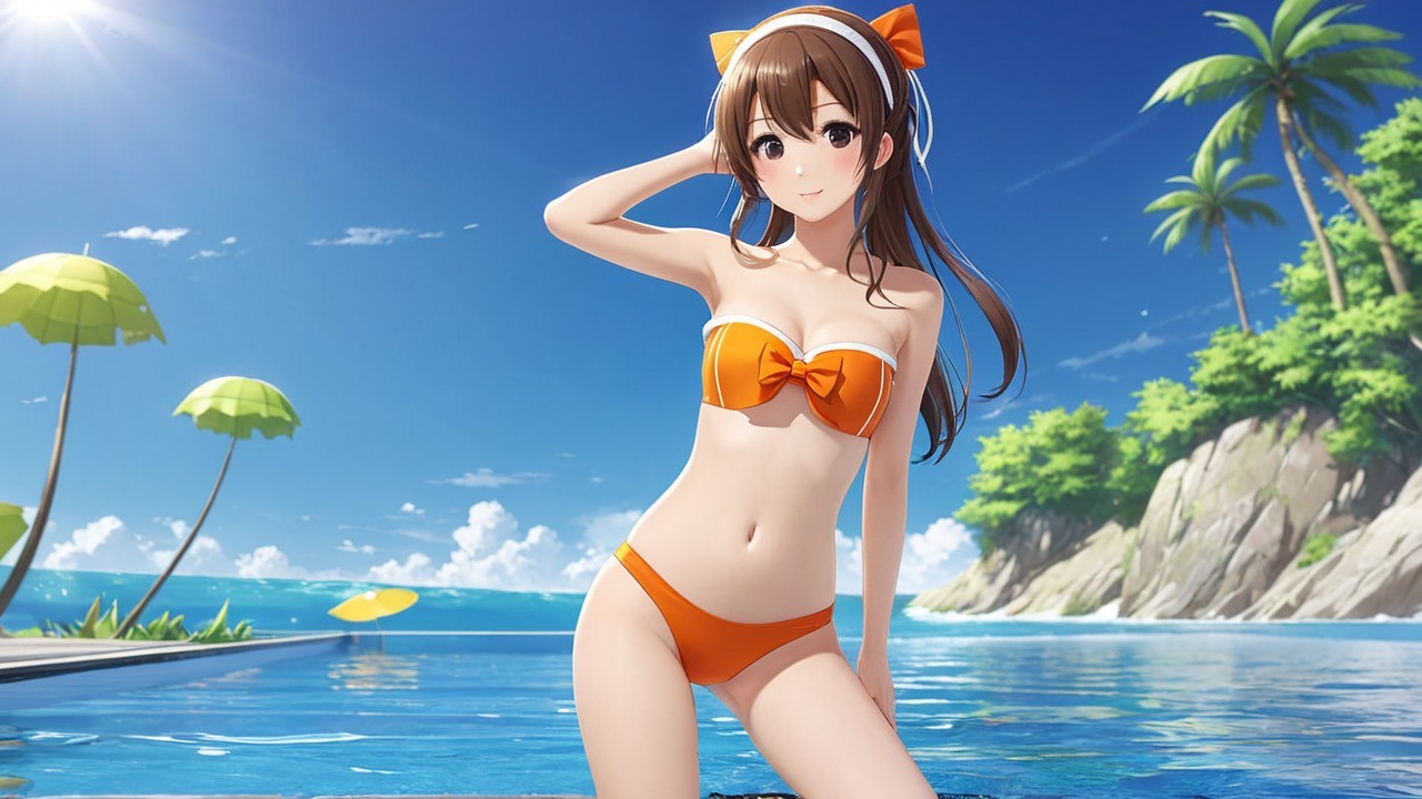 Young Woman by Sparkling Pool in Summer Scene