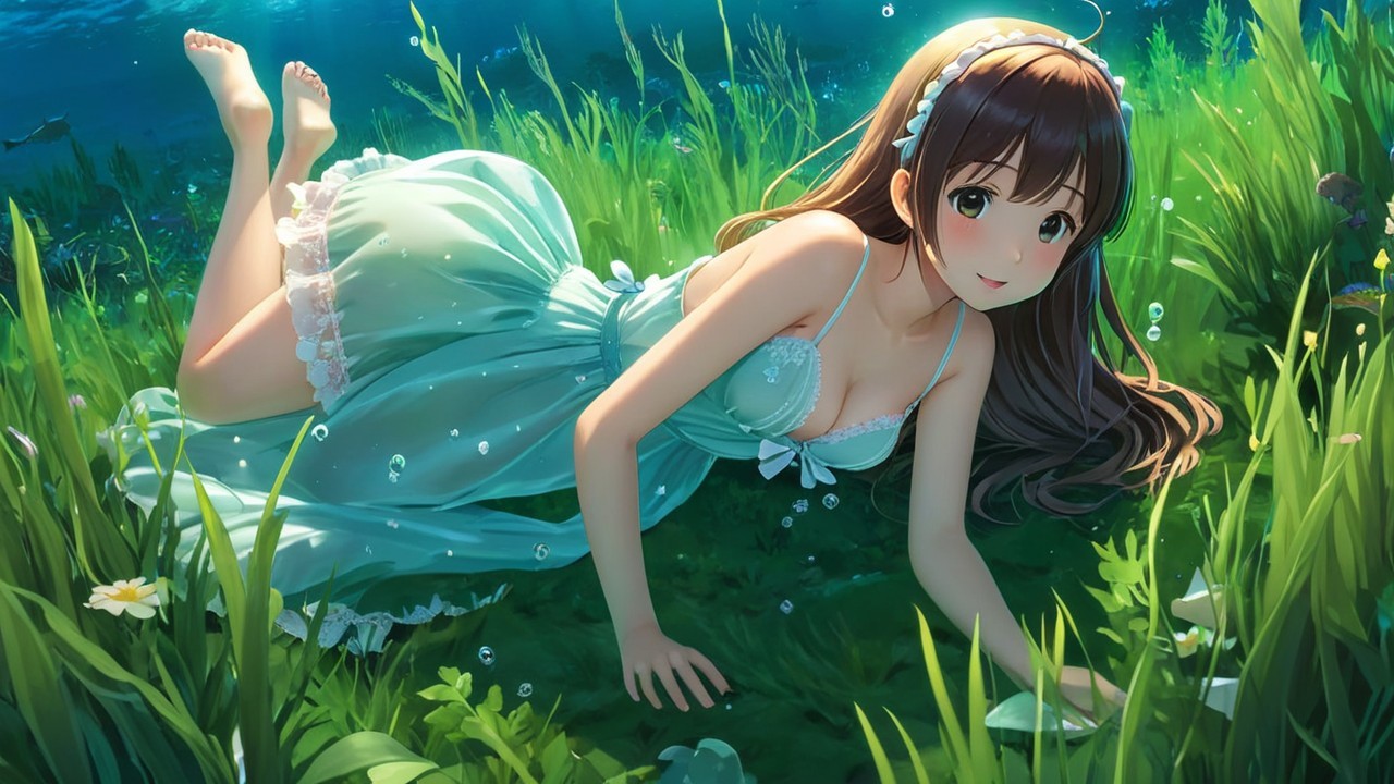 Underwater Scene with Girl in Green Dress and Flowers