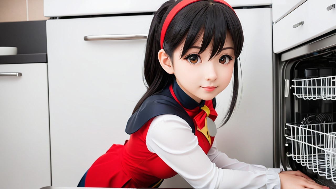 Young girl in red outfit kneeling by modern oven
