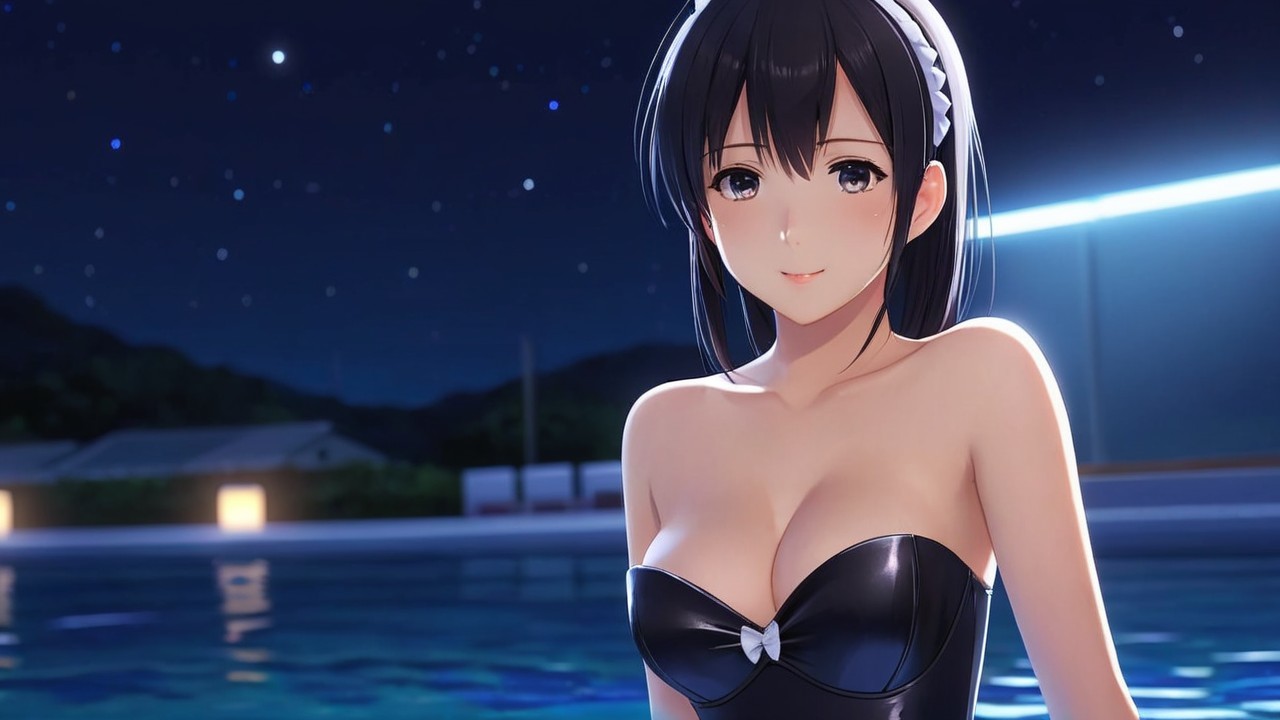 Young Woman by Pool Under Starry Night Sky