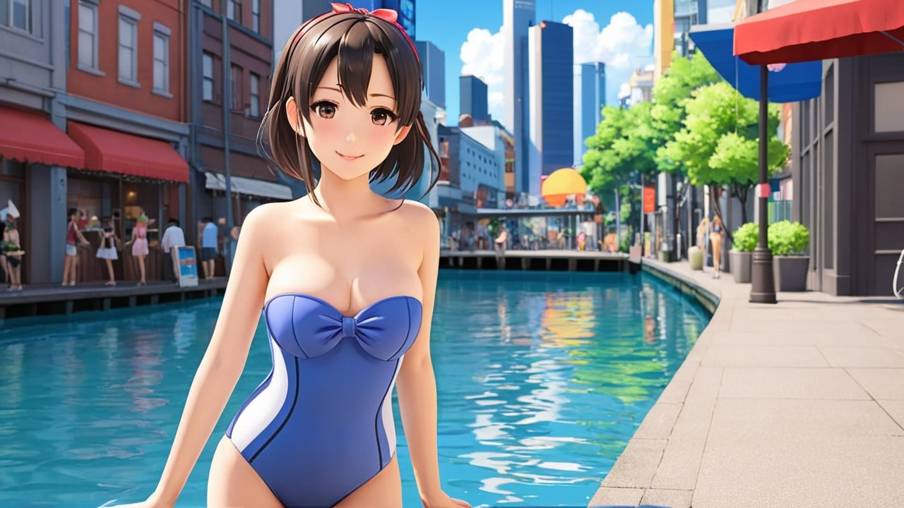 Cheerful Woman by Vibrant Canal on Sunny Day