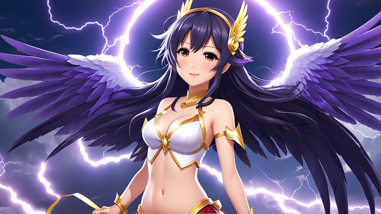 Character in Elegant Armor with Purple Wings and Lightning