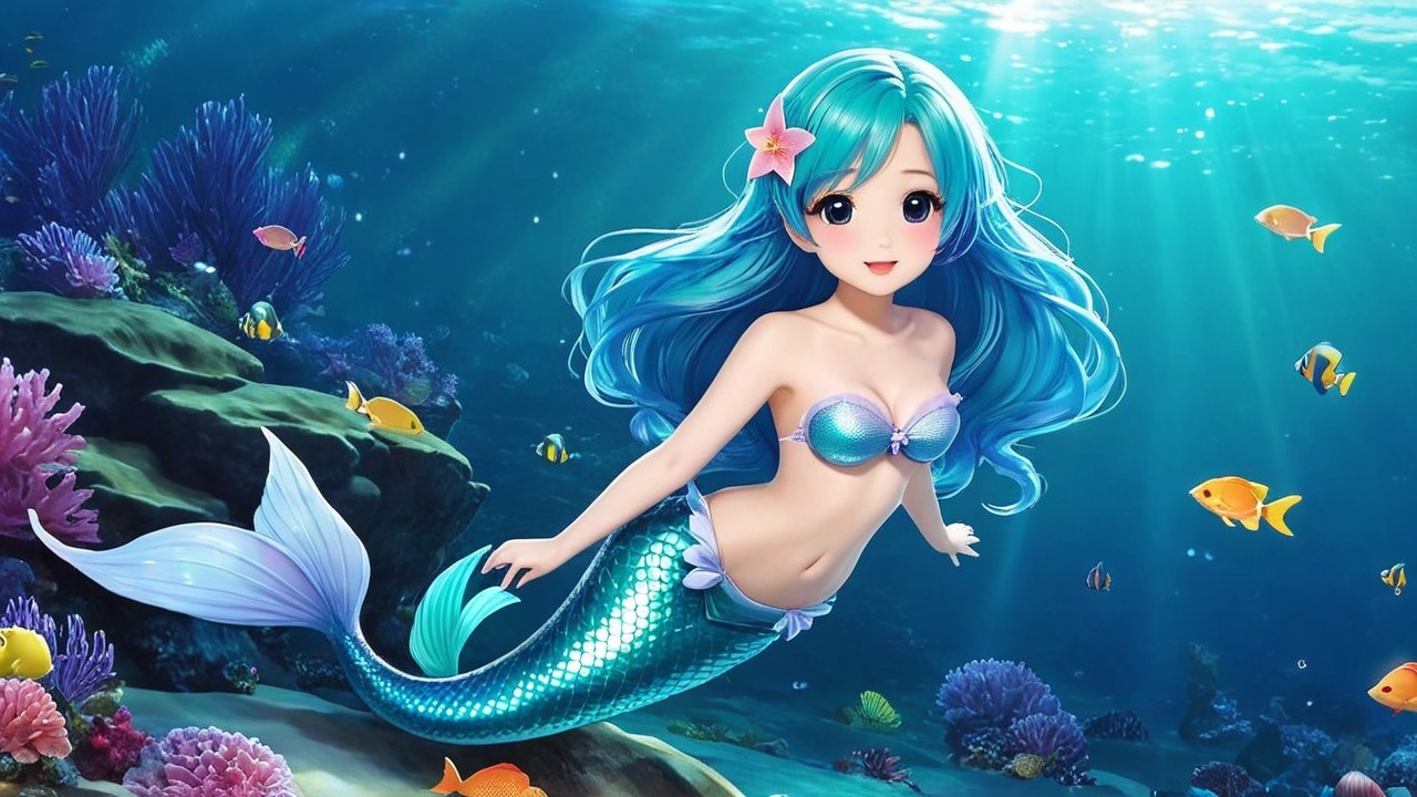 Whimsical Animated Mermaid in Vibrant Underwater Scene