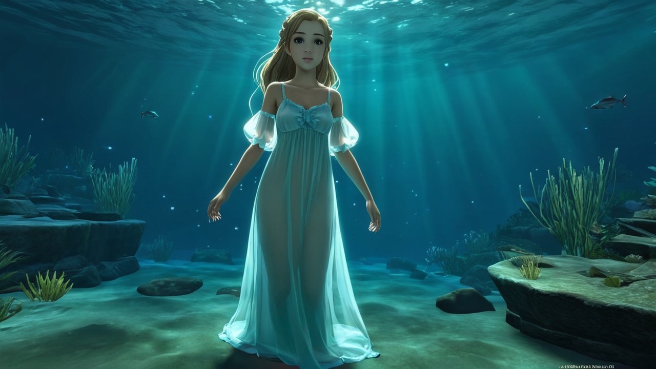 Underwater Scene with Woman in Translucent Gown