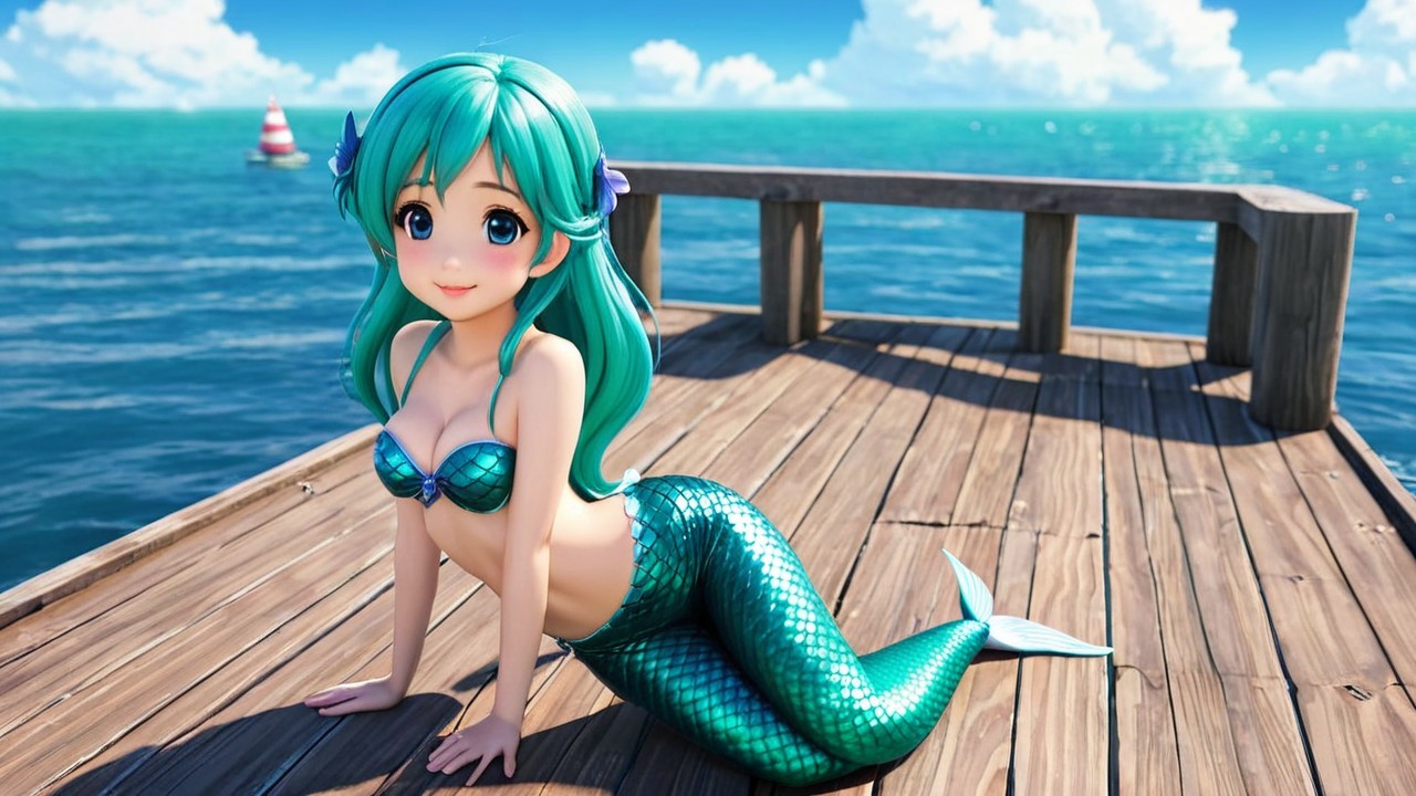 Vibrant Mermaid with Teal Hair on Wooden Dock