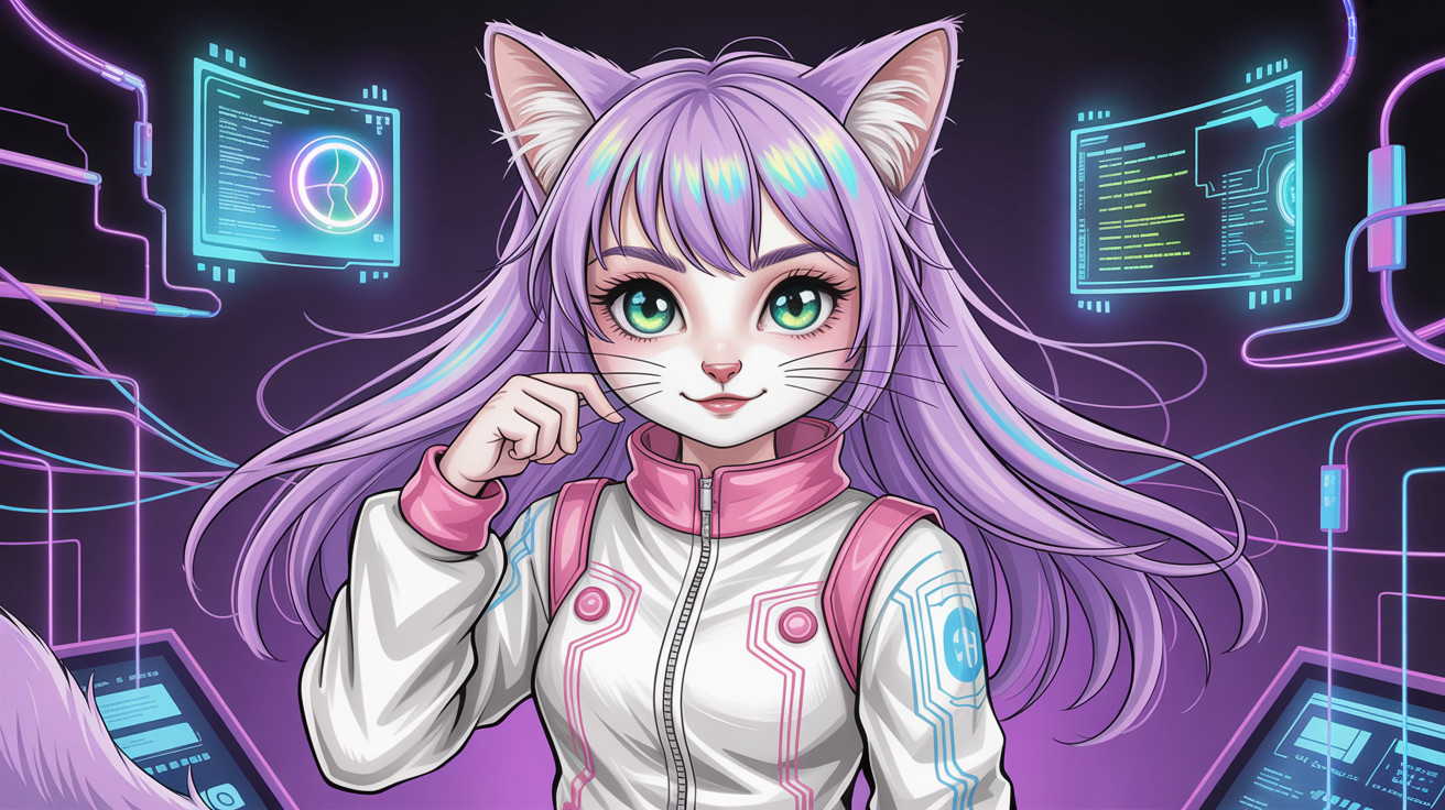 Cybernetic Cat-Girl with Anime Eyes and Futuristic Style