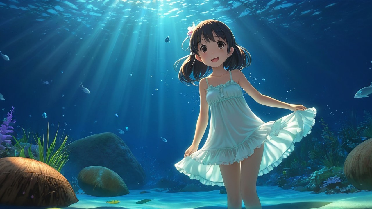 Young girl in serene underwater scene with fish