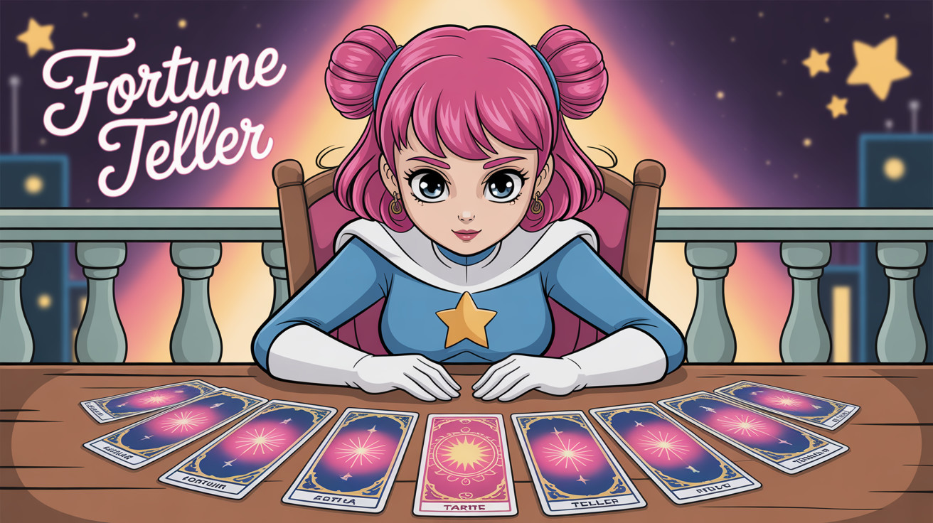 Anime Woman with Pink Hair and Tarot Cards at Table