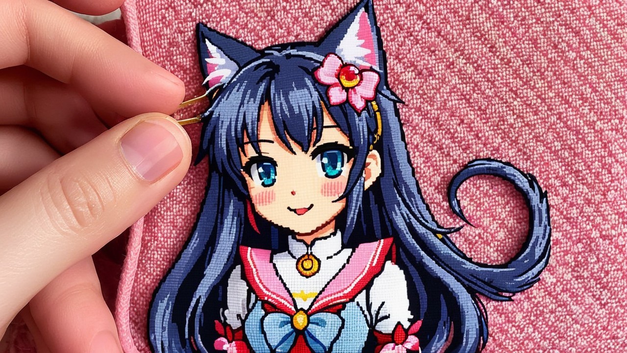 Colorful Embroidered Patch of Girl with Cat Ears