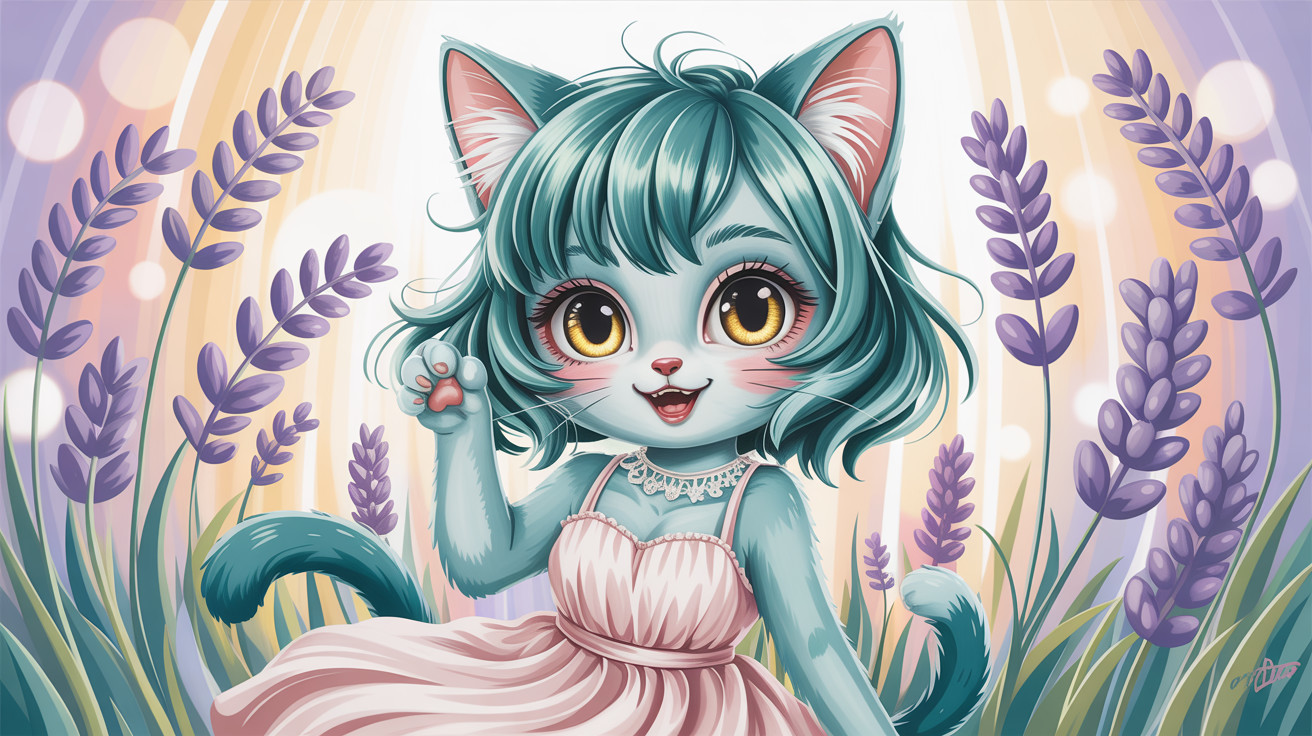 Light Blue Cat-Girl in Frilly Dress Surrounded by Lavender
