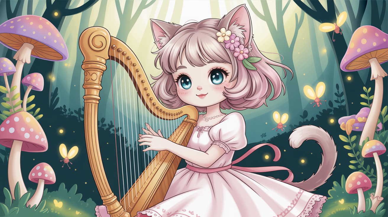 Kawaii Chibi Catgirl Playing Harp in Enchanted Forest