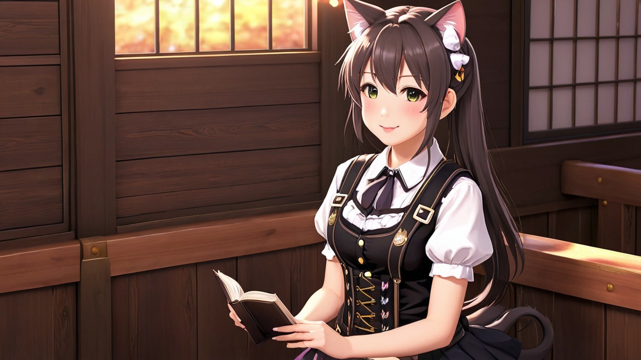 Cheerful character with cat ears in cozy wooden setting