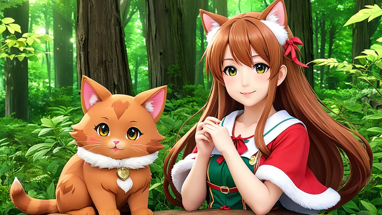 Cheerful girl with cat in a sunlit forest setting