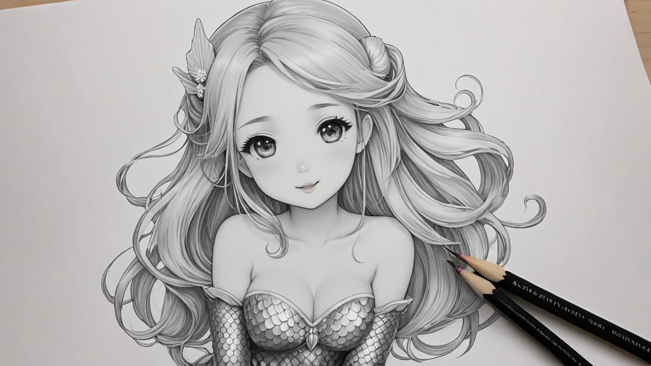 Detailed Black-and-White Drawing of a Young Girl