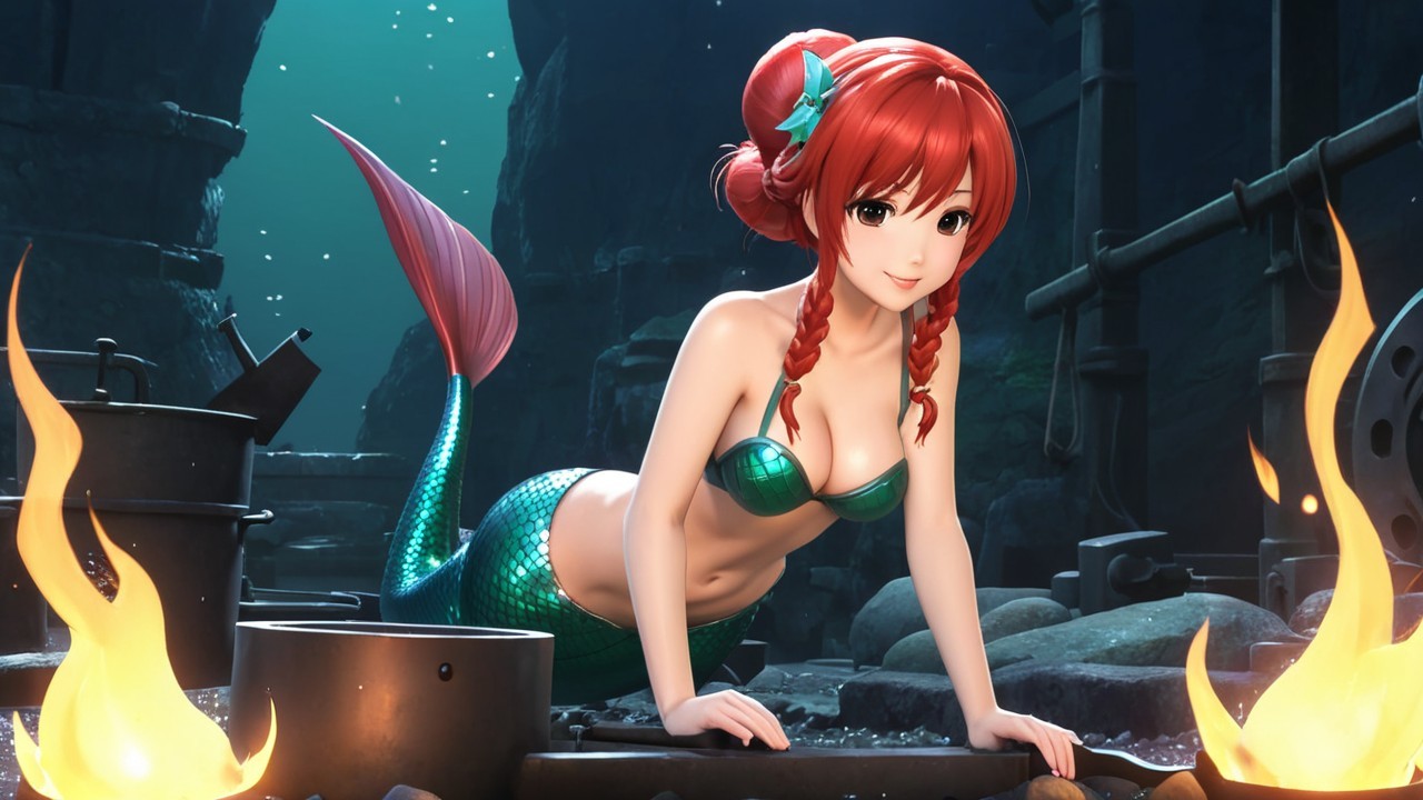 Animated Mermaid in Underwater Ruins with Cooking Pots