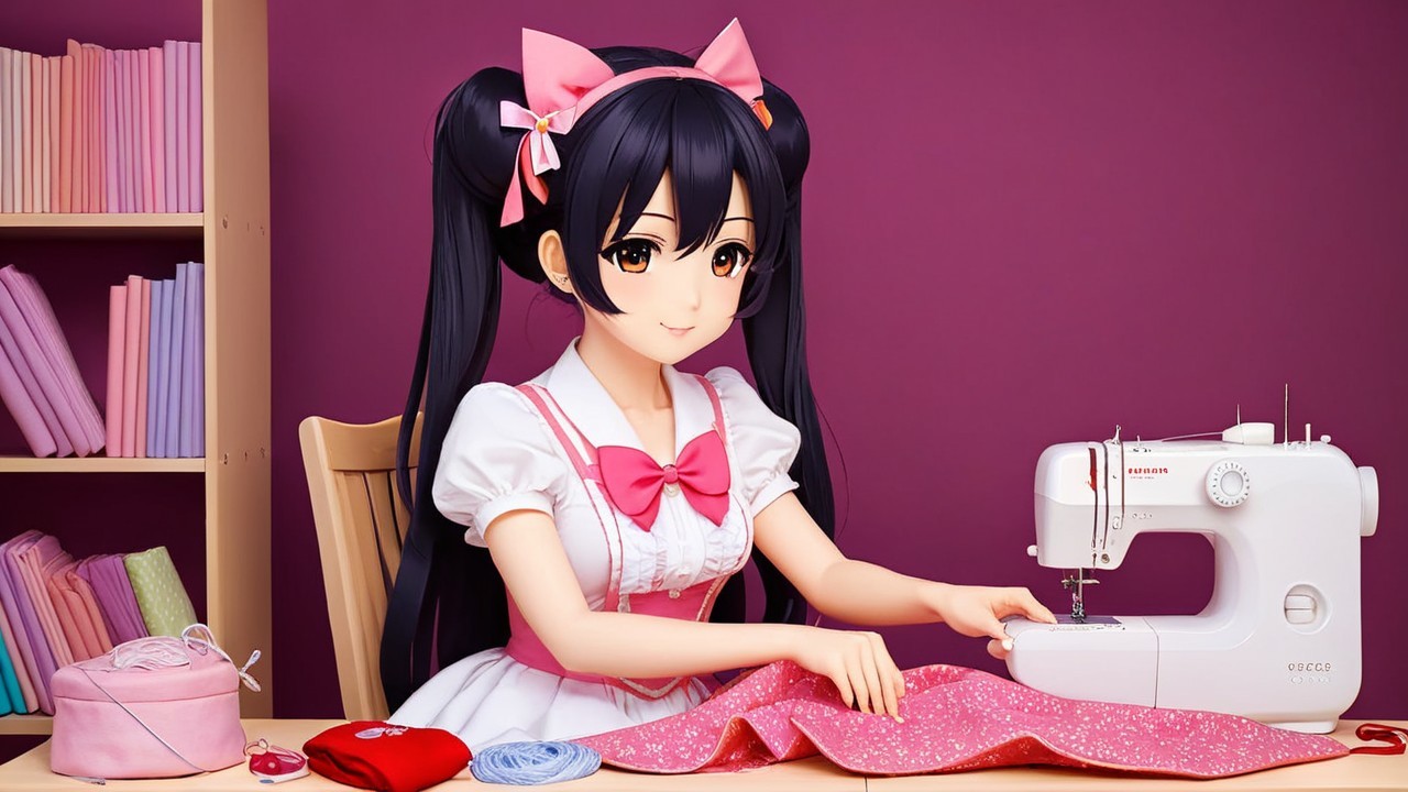 Young girl sewing pink fabric at a wooden table
