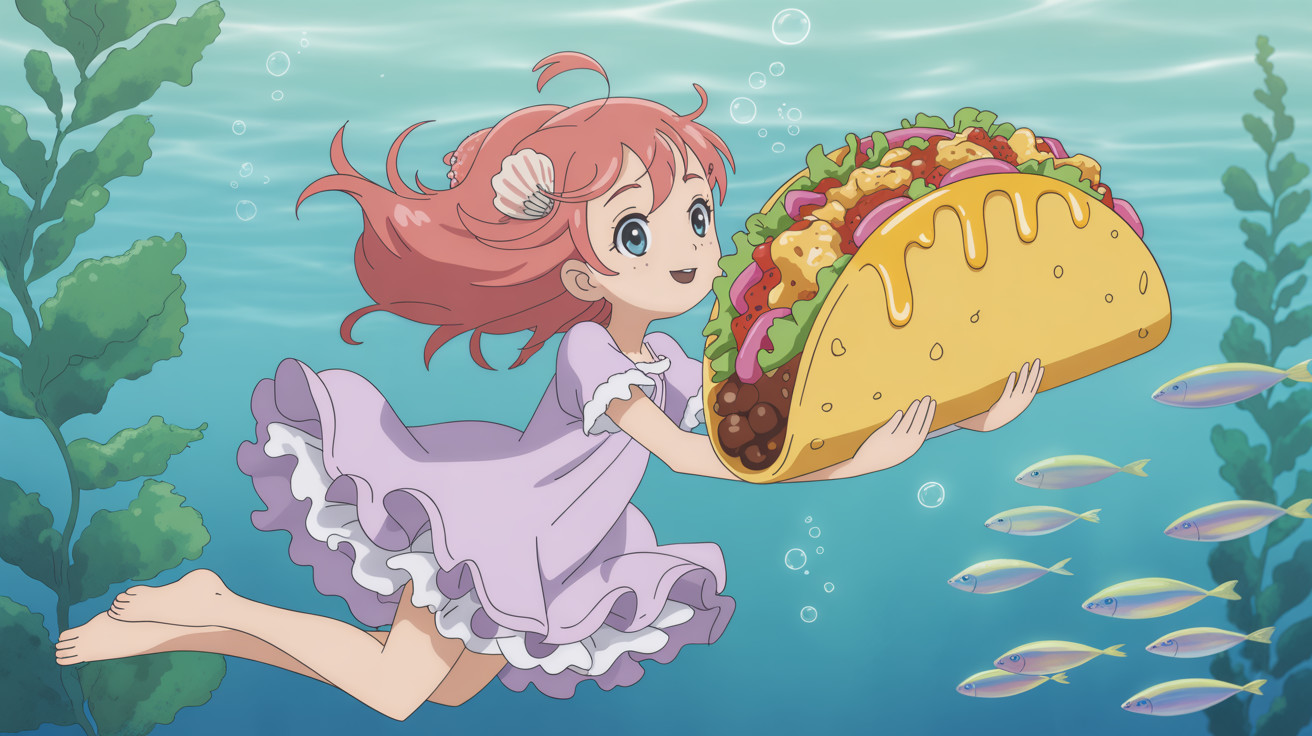 Anime Girl Swimming with Taco Underwater in 2D Art