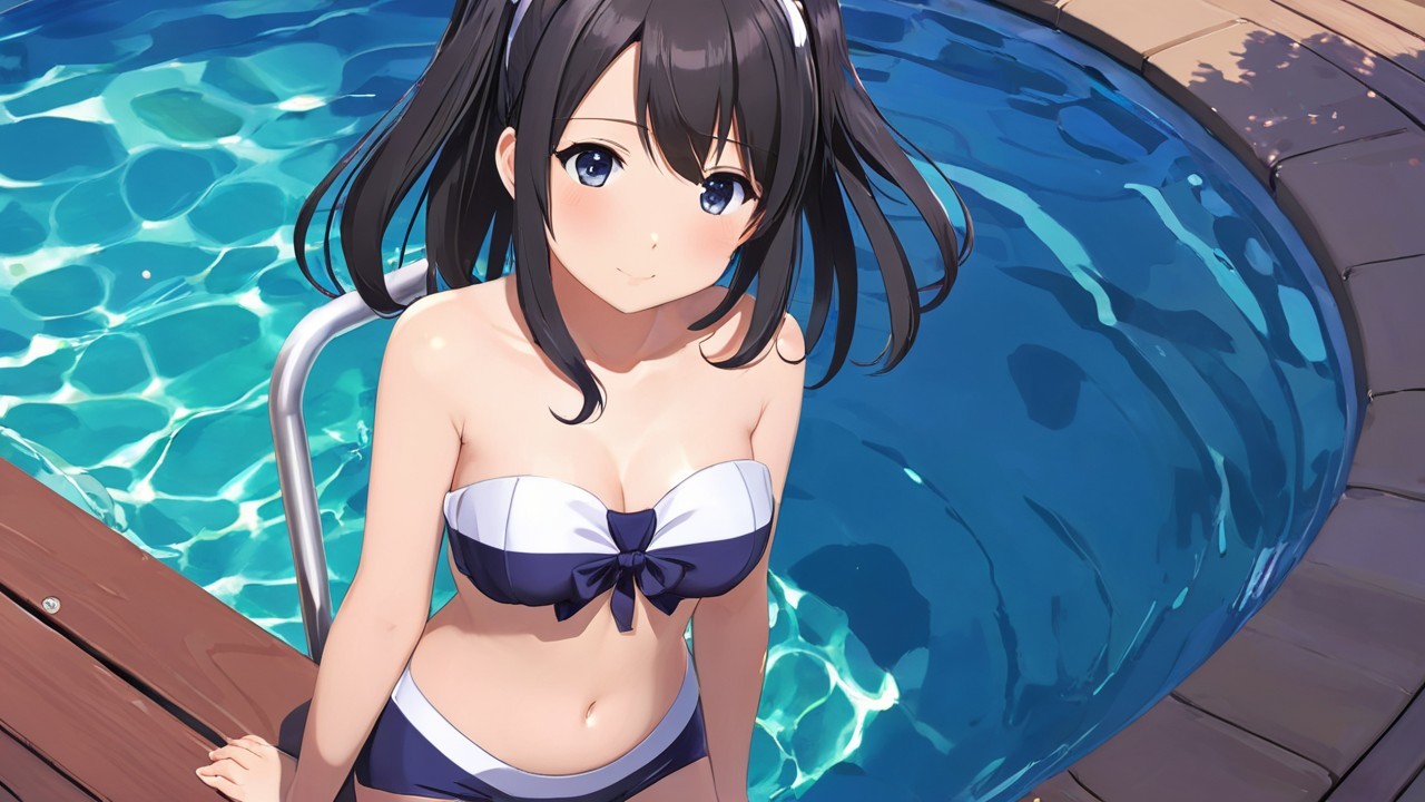 Cheerful girl in two-tone bikini by a shimmering pool
