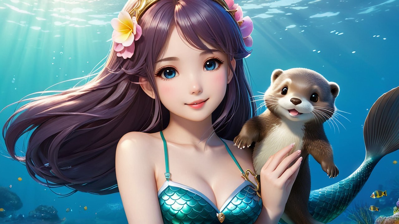Vibrant Underwater Scene with Mermaid and Otter