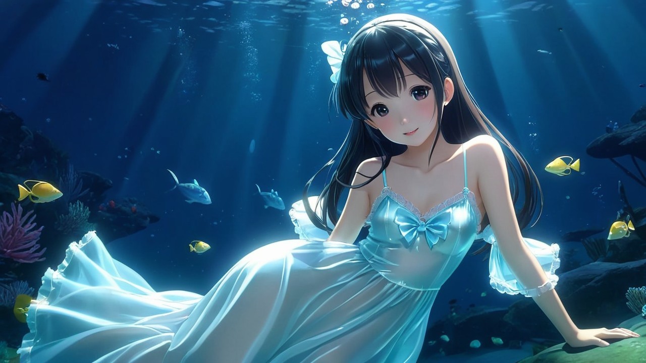 Underwater Scene with Girl in Blue Dress and Fish