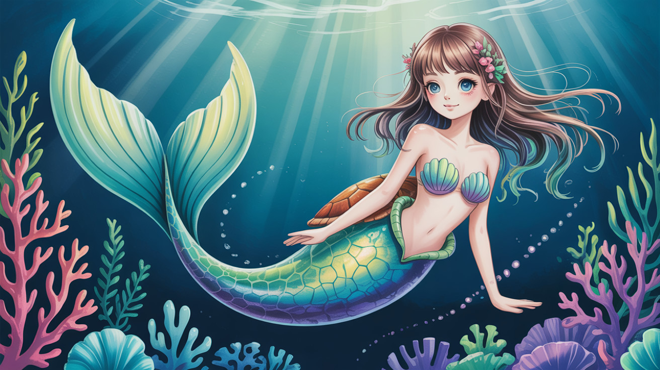 Cute Mermaid Floating Among Colorful Coral Reefs