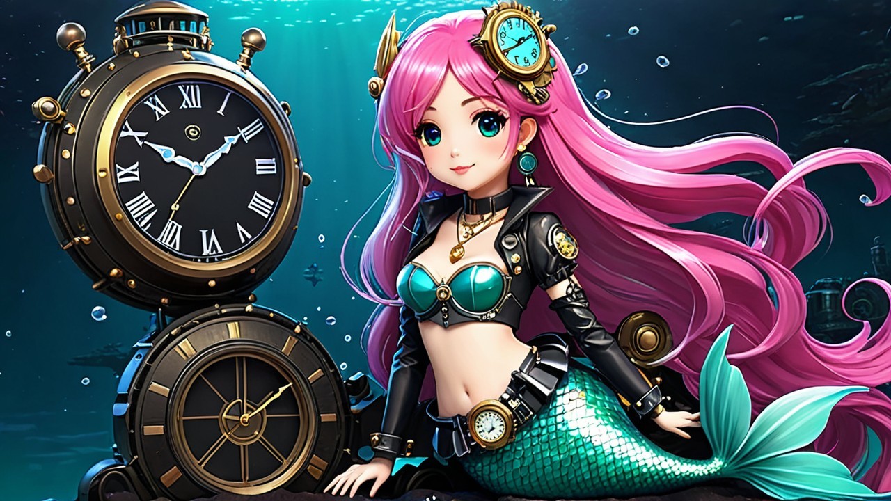 Whimsical Underwater Scene with Mermaid and Clock