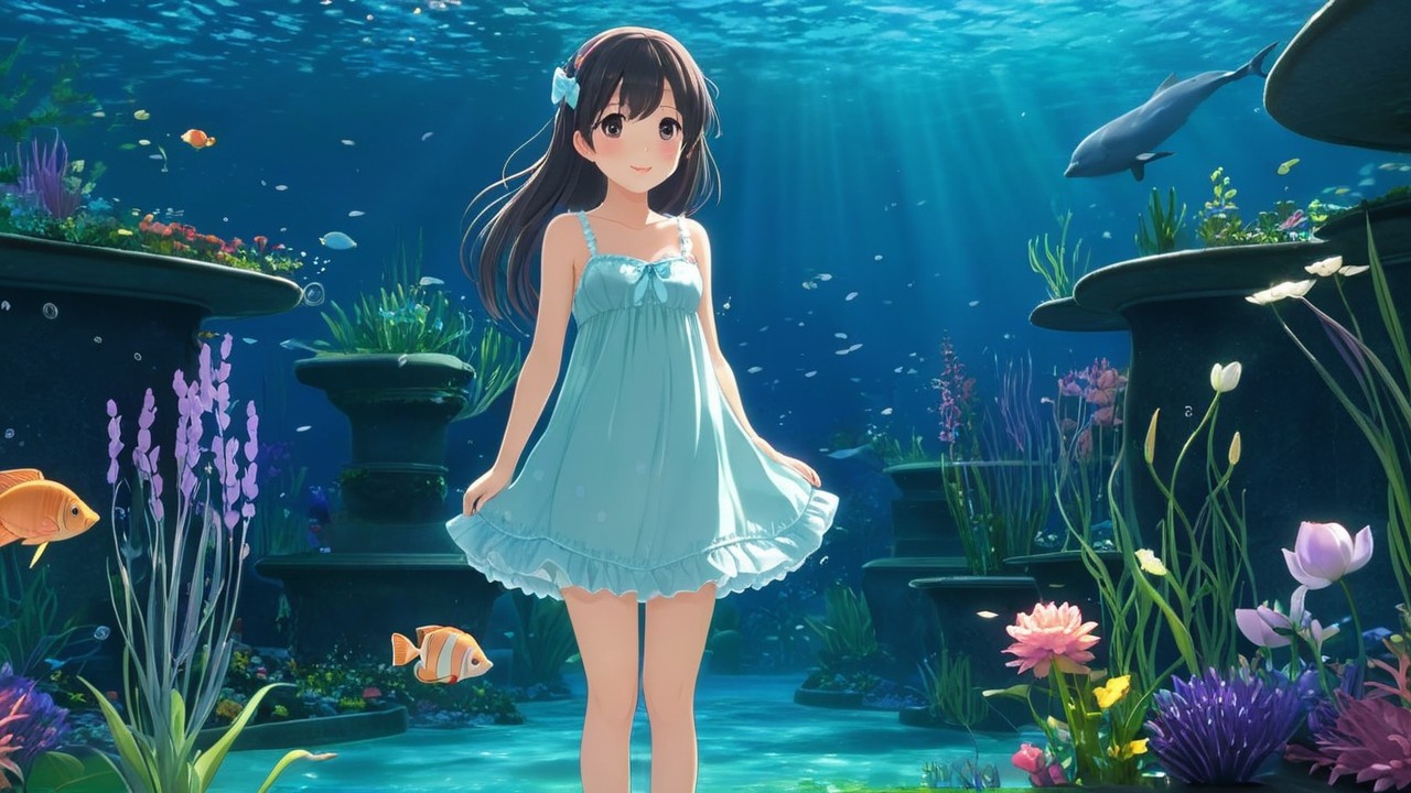 Young girl in blue dress joyfully underwater with fish