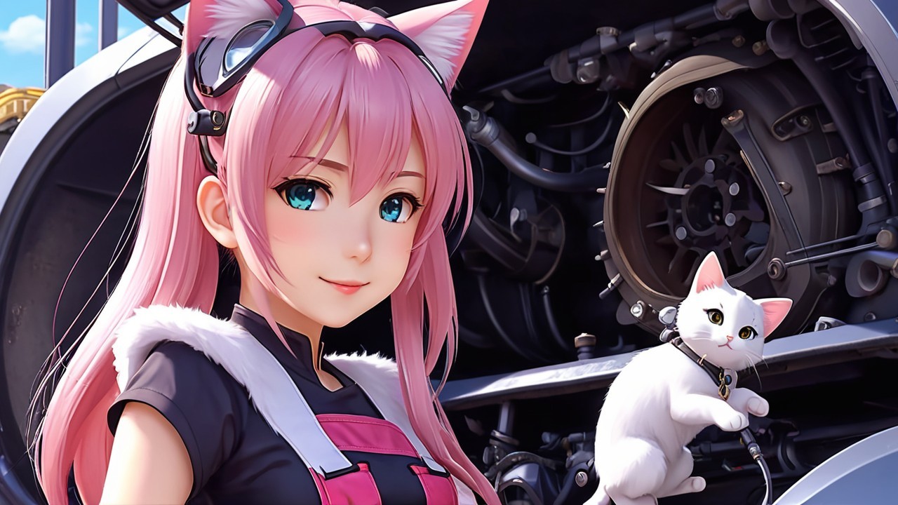 Young girl with pink hair and cat ears by engine