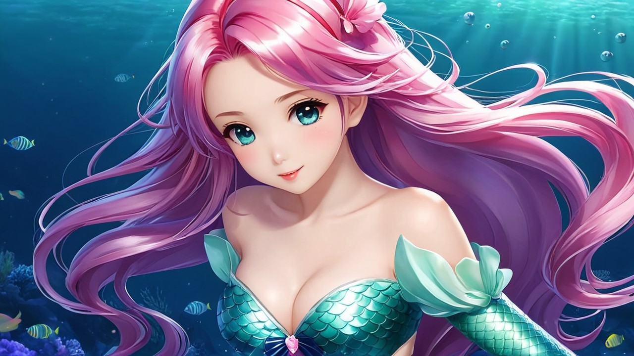 Whimsical Underwater Scene with Mermaid and Coral